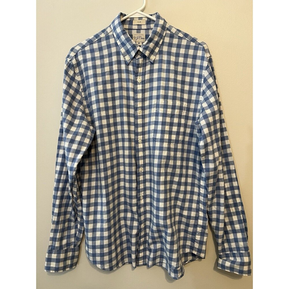 J.Crew Men's Slim Fit Gingham Long Sleeve Button-Down Shirt blue and white Med